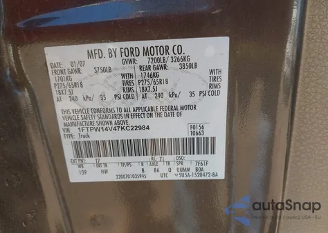 2007 Ford F-150 Fx4/Lariat/Xlt z USA, uszkodzony, nr VIN 1FTPW14V47KC22984